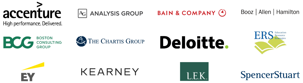 MLT's Career Prep program partners with top consulting firms including Accenture, Boston Consulting Group (BCG), Ernst & Young (EY), Kearney, Bain, Analysis Group, The Chartis Group, Booz, Deloitte, LEK, SpencerStuart, ERS and more