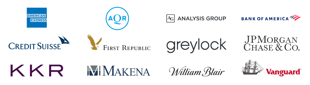 A series of logos for MLT's Career Prep program partners with top financial services firms including American Express, Credit Suisse, KKR, First Republic, Greylock, Bank of America, JP Morgan Chase, Vanguard, William Blair, Makena, AQR, Analysis Group and more